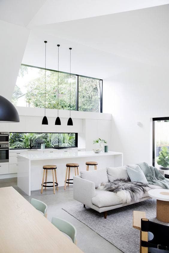 modern bright white living room kitchen | Minimalism interior .