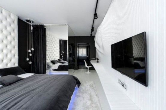 Black and White Bedroom With Sculpture Wavy Wall : Marvelous Black .