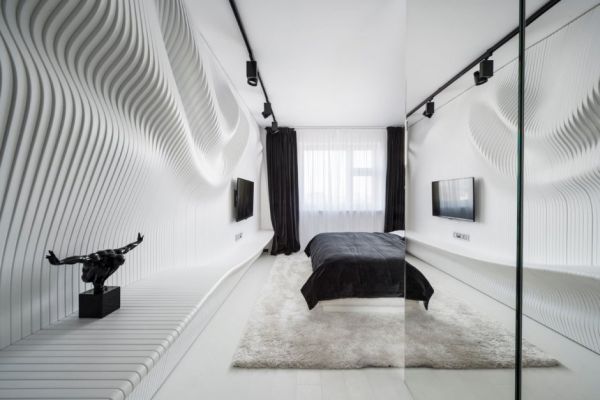 Black And White Bedroom Featuring An Intricate Wavy Wa
