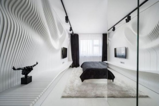 Black And White Bedroom Design Featuring A Sculptural Wavy Wall .