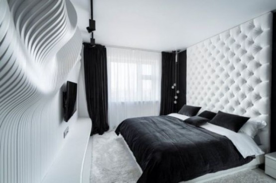 Black And White Bedroom Design Featuring A Sculptural Wavy Wall .