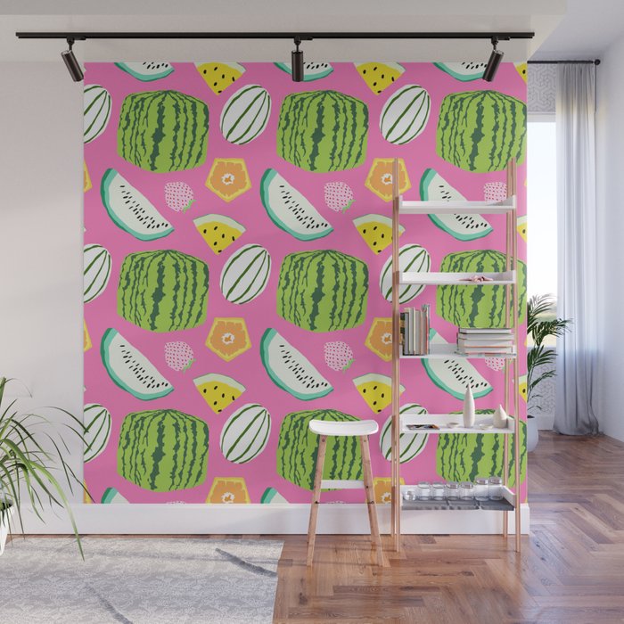 Unusual Japanese Fruits in Bright Pink Wall Mural by .