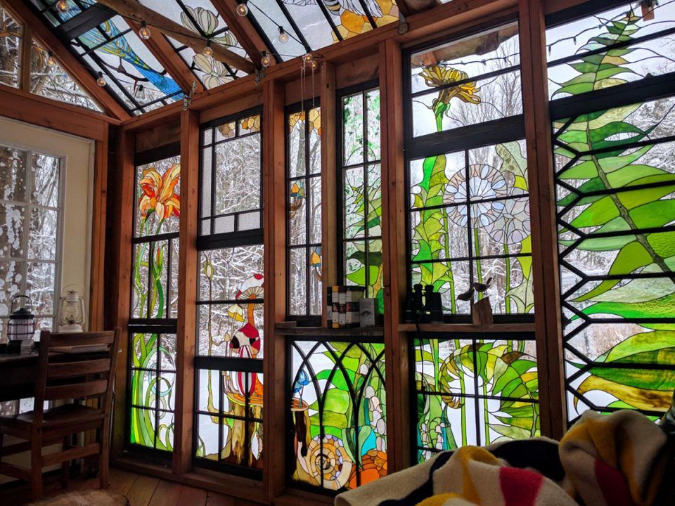 Holy Housing: Stained Glass Walls & Ceiling Fill Cabin with Color .
