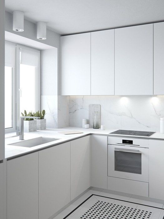 All White Kitchen With Greenery In The Corner Spor Of The Window .