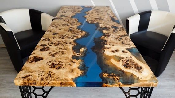 SOLD Blue transparent epoxy river Mappa Burl table SOLD in 2020 .
