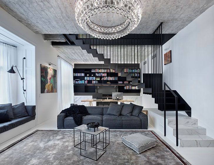 Two-level black and white apartment in Prague | Contemporary .