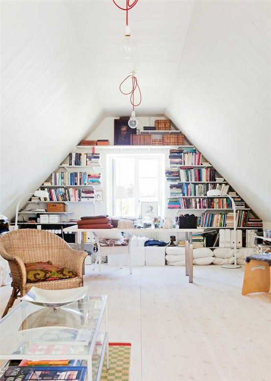Nice attic conversion with built in bookshelves | Home office .