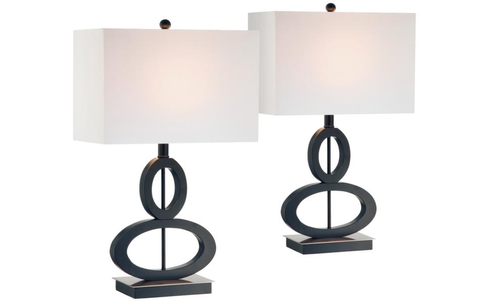 Modern Table Lamps Set of 2 Black Wood and Satin Steel .