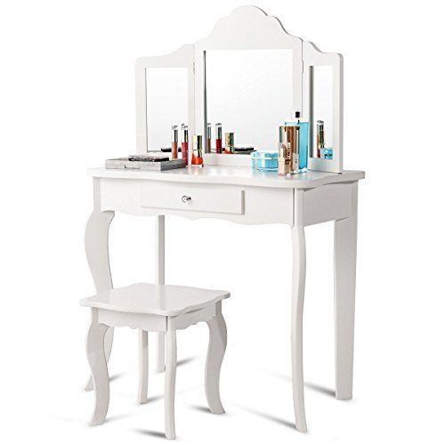Costzon Kids Wooden Vanity Table & Stool Set Princess Makeup .