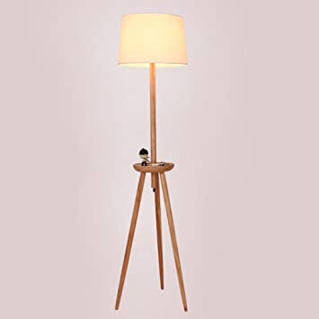 Tripod Wooden Floor Lamp With Round Table, Linen Fabric Lampshade .