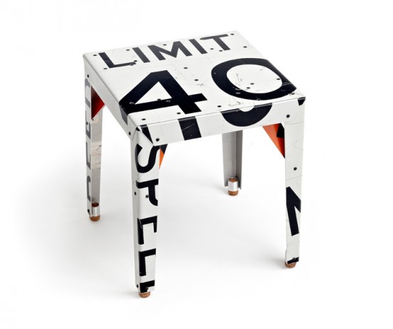 Decorative Chairs and Small Tables Made Of Recycled Street Signs .