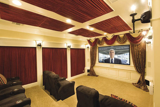 Dramatic Home Theater Design With Curtains on Every Wall - DigsDi