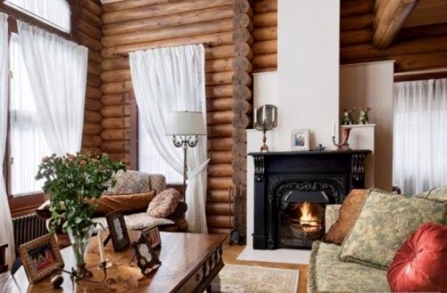 Log cabin walls, clean white window treatments, brocade upholstery .