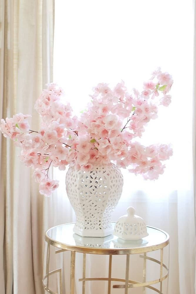 Pink Cherry Blossom Arrangement in White Ginger Jar in 2020 | Home .