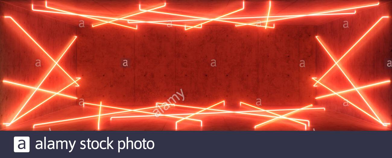 Abstract red interior or corridor with neon light. Fluorescent .