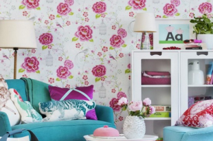Love this pink floral wall paper offset by blue furniture and pale .