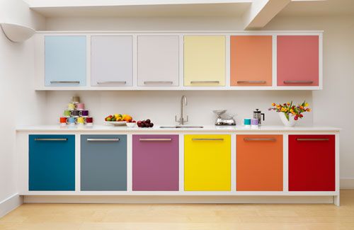 Multicolor kitchen cabinets. Colorful. Color blocking. Modern .