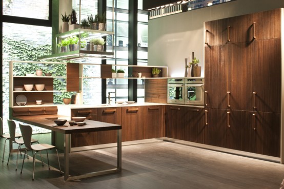 Kitchen With Thermally Treated Oak Cabinets - E-Wood by Snaidero .