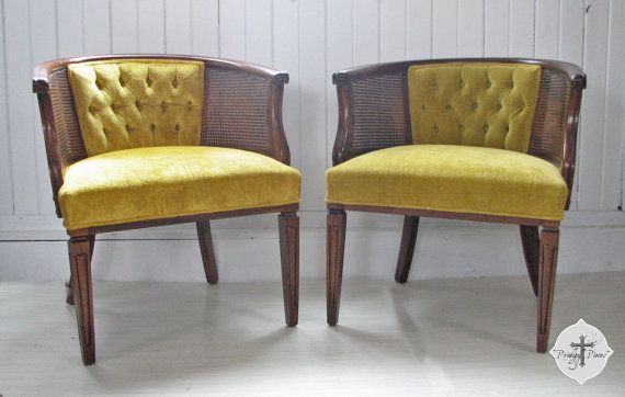 Striking Set of Tufted Mid-Century Modern Caned Barrel Chairs .