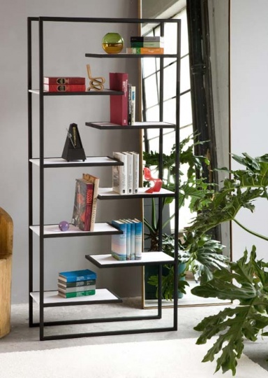 Minimalist Steel Bookcases with Corian or Bamboo Shelves by Faktu