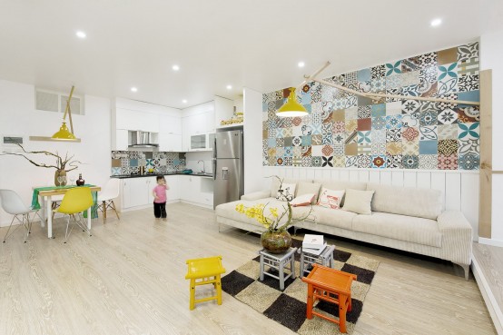 Modern Apartment Design With Colorful Wall Tiles And Accents .