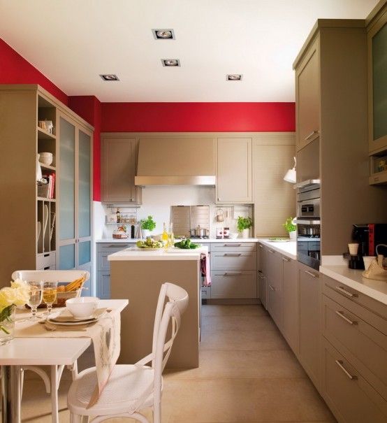 Modern Beige Kitchen With Red Walls | Beige kitchen, Functional .