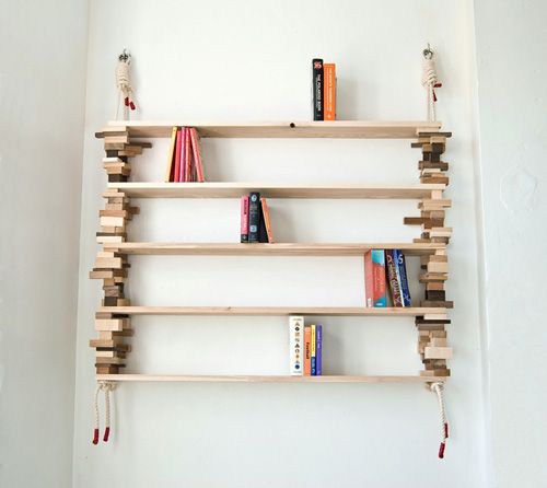 Natural Bookshelves Made Of Mixed Wood Blocks