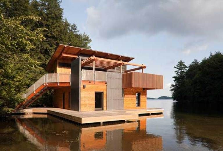 Renovated Modern Boathouse Of Natural Wood. Lake Muskoka, Ontario .