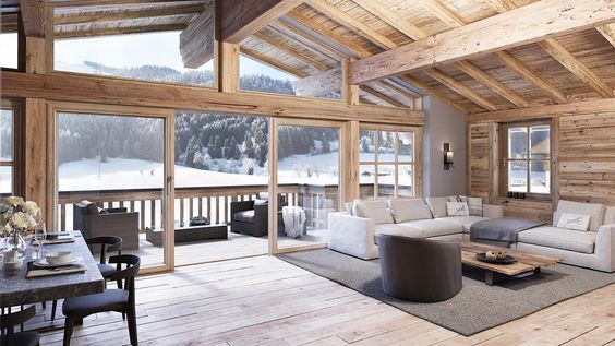 modern chalet, Scandinavian country style, alpine style furniture .
