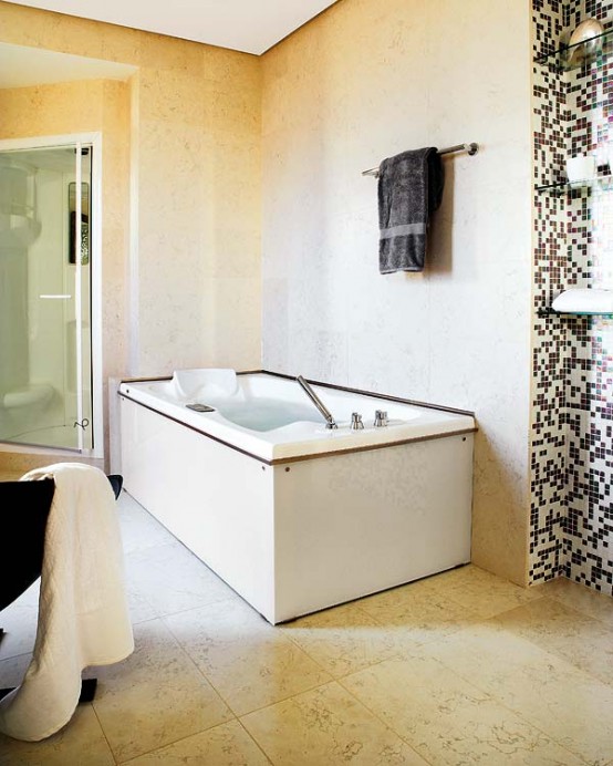 Simple Yet Stylish Bathroom Design With Pixilated Walls - DigsDi