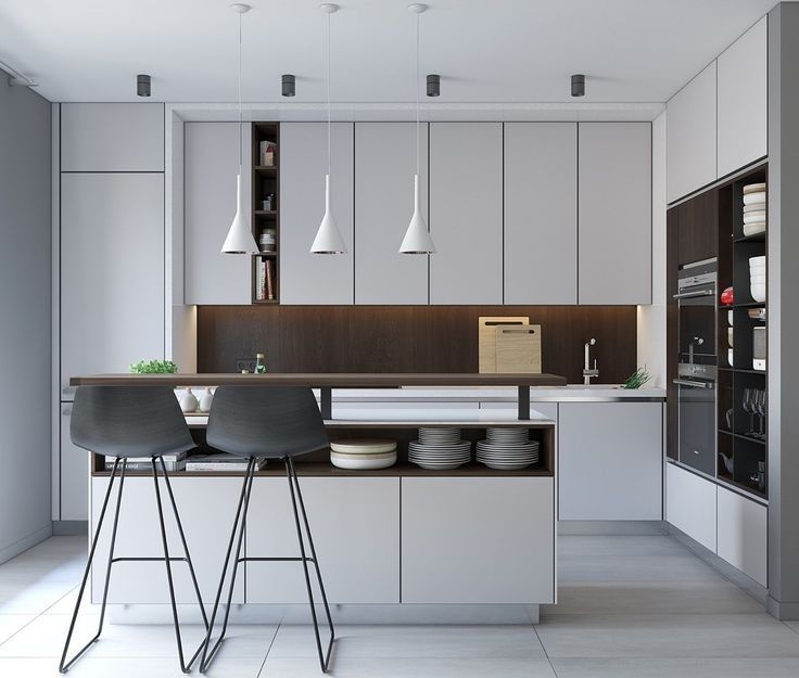 simple, modern light grey kitchen with black and white accents .