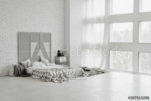 Cozy Grey Bedroom Interior Spacious Big Design. White Modern Decor .
