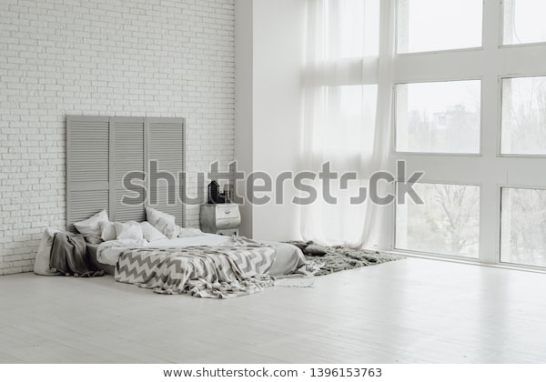 Cozy Grey Bedroom Interior Spacious Big | Interiors Stock Image .