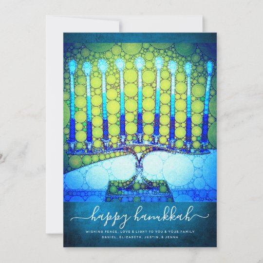 Hanukkah Stylish Blue Green Menorah on Teal Flat Holiday Card .