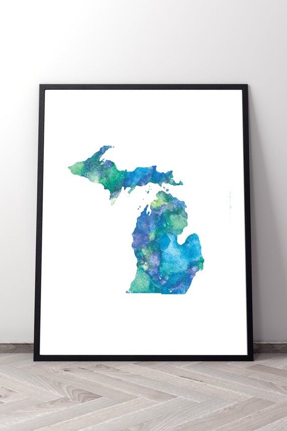 Michigan outline map print, MI state printable poster, watercolor .