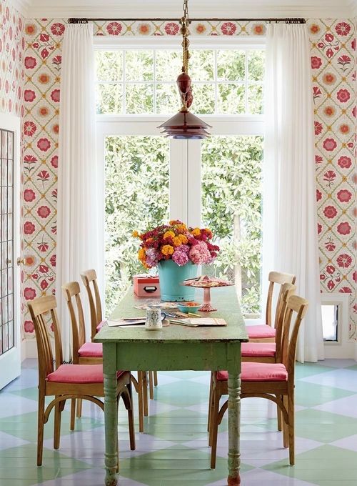 Colorful cottage tour - love the dining room in pinks and greens .