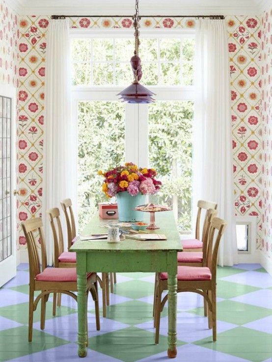 Sweet Colorful Dining room design with large rustic dining table .