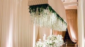 Cascading flowers during wedding reception | Wedding inside .