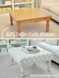 With some fabric, an old coffee table can convert to an ottoman .