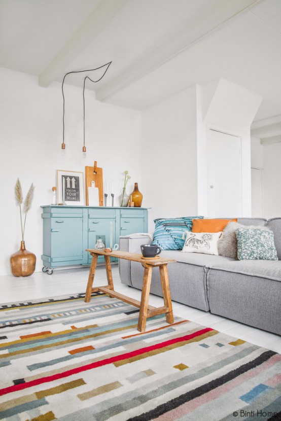 Turquoise And Amber Living Room Design With Upcycled Items