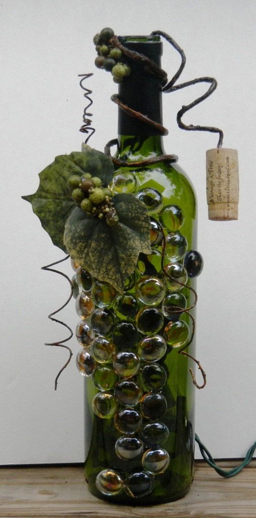 Decorative Embellished Green Wine Bottle Light with Glass Gems .