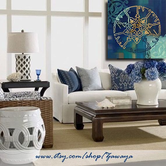 Canvas wall art turquoise blue navy shades decor arabic .