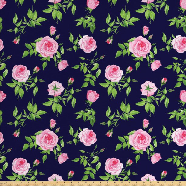 Navy and Blush Fabric by The Yard, Vintage Roses and Buds Romantic .