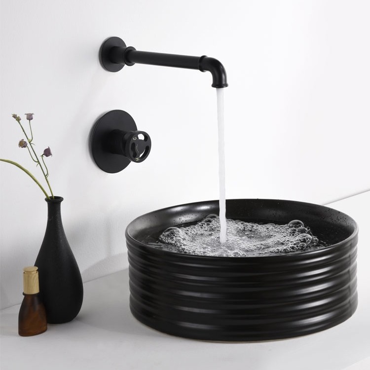 Ruth Industrial Wall Mounted Matte Black Bathroom Sink Faucet with .