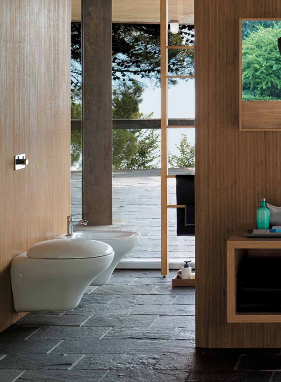 Wooden Bathroom Cabinets and Oval Sanitary Ceramics - Egg by Pozzi .